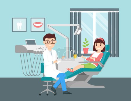 Illustration for A girl is sitting in a chair at a dentist appointment and her thumbs up. Male doctor holding instruments.Concept of a dental office. Cute characters people are smiling. Flat vector illustration - Royalty Free Image