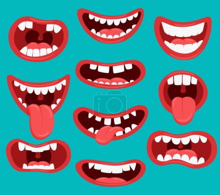 Variations de la bouche des monstres. Bouches drôles avec des dents et la langue qui sortent. Ensemble de différentes bouches. Illustration de couleurs de divertissement pour enfants. Eléments vectoriels isolés sur fond bleu.