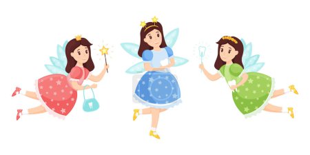 Illustration for Collection of tooth fairies. Cute cartoon mythical characters with wings. Elf girls hold a tooth or a magic wand in their hands. Children's vector illustration in a flat style. Isolated on white - Royalty Free Image