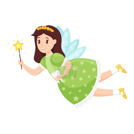 Illustration for Tooth fairy, Princess with a magic wand and a tooth in her hands flying on wings.Cute cartoon character in a dress is smiling. Vector illustration for children isolated on white background.Flat style - Royalty Free Image