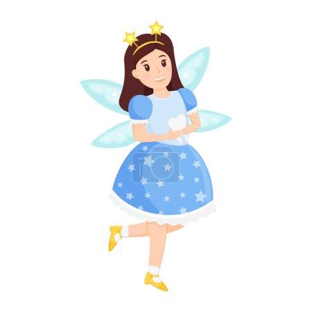 Illustration for Tooth fairy, Princess with a tooth in her hands flying on wings. Cute cartoon character in a dress is smiling. The girl-elf. Vector illustration for children isolated on white background.Flat style. - Royalty Free Image