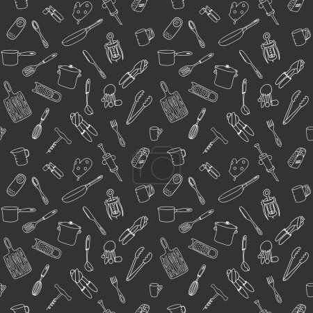 Seamless pattern with elements of kitchen utensils, utensils and appliances. Black-white background for menu design,brochures, web pages. Doodle illustration is hand drawn and isolated on dark. Vector Poster 626815834
