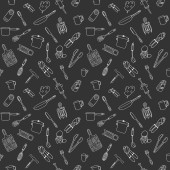 Seamless pattern with elements of kitchen utensils, utensils and appliances. Black-white background for menu design,brochures, web pages. Doodle illustration is hand drawn and isolated on dark. Vector Poster #626815834
