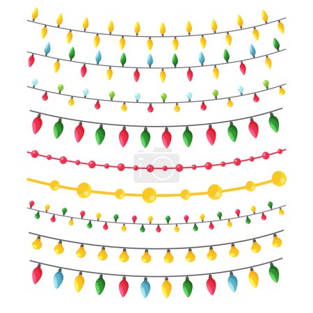 Illustration for A set of different garlands in a flat style for decorating Christmas cards, invitations, leaflets, banners. Color vector illustration in flat style, isolated on a white background. - Royalty Free Image