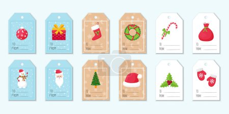 Illustration for Collection of labels and tags for gifts with Christmas elements. Snowman,Santa Claus, decorated Christmas tree, wreath. Cute illustrations in a flat style on a white, blue and beige background. Vector - Royalty Free Image