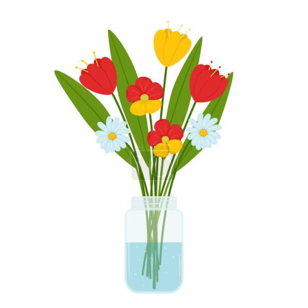 Téléchargez les illustrations : Un bouquet de fleurs simples de tulipes et marguerites dans un bocal en verre transparent avec de l'eau. Décoration de maison lumineuse. Bouquet d'été. Illustration vectorielle couleur en style plat.Isolé sur fond blanc. - en licence libre de droit