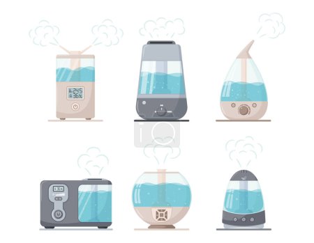 Eine Reihe von Dampf-Ultraschall-Luftbefeuchtern in verschiedenen Formen. Haushaltsgeräte für den Haushalt. Ein Nebelgenerator. Vektor-Illustrationen im flachen Stil. isoliert auf weißem Hintergrund