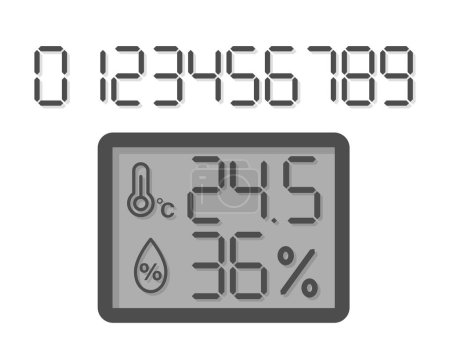 Anzeige eines elektronischen Geräts. Schriftart mit Zahlen von 0 bis 9. Symbole für Temperatur- und Feuchtigkeitsindikatoren. Hygrometer und Thermometer. flache Vektordarstellung. isoliert auf weißem Hintergrund