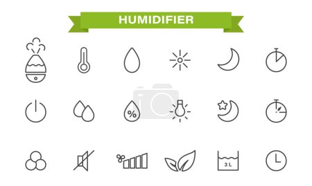 Icons set on the theme of the humidifier. linear style. humidifier, air humidity, timer, temperature, backlight,silent mode, night mode, capacity size. isolated on white background.Vector illustration