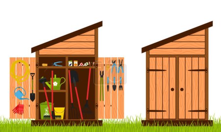 Illustration for Wooden shed with closed and open doors. Gardening tools are stacked inside the shed and hung on the door. Equipment for growing plants. Vector illustration in a flat style - Royalty Free Image
