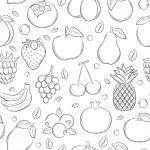 Seamless pattern with different fruits and berries. Black and white hand-drawn linear elements are isolated on a transparent background. For the design of kitchen accessories and food packaging