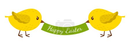 Illustration for Two chickens hold a ribbon, a banner with the words Happy Easter. Cartoon colorful bird characters. Color vector illustration, a flat-style decorative element. Isolated on a white background - Royalty Free Image