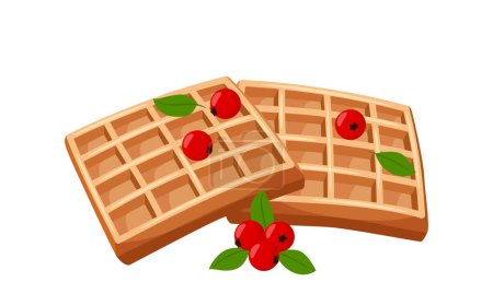 Illustration for Viennese waffle with berries. Sweet pastries. Fat, high-calorie, unhealthy food. Dessert, yummy, delicious. Realistic illustration in cartoon flat style. Isolated on a white background - Royalty Free Image