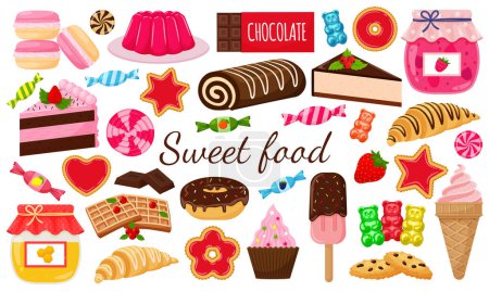 Illustration for A set of sweets. Sweet pastries, cake, sweets, desserts. A collection of delicious, high-calorie food. Illustration in a cartoon flat style. Isolated on a white background - Royalty Free Image