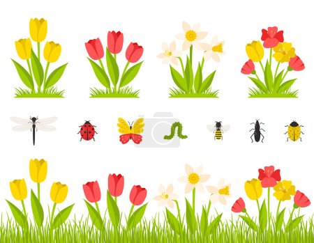 Illustration for Garden spring flowers. A bush of tulips, daffodils, poppies. Flowers in the grass, meadow. Collection of insects. Botanical design elements in a cartoon flat style, isolated on a white background - Royalty Free Image