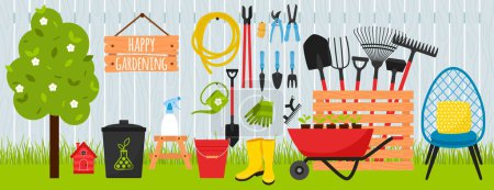 Illustration for A collection of garden tools and equipment for gardening on the background of a wooden fence and lawn grass.Wheelbarrow, rubber boots, apple tree. Large set of vector illustrations.flat cartoon style. - Royalty Free Image