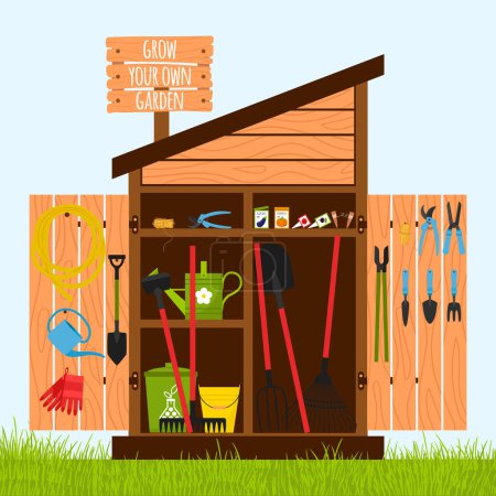 Illustration for Wooden shed on the lawn with open doors. Gardening tools are stacked inside on shelves and hung on the door. A wooden sign with the words-grow your own garden. . Vector illustration in a flat style. - Royalty Free Image