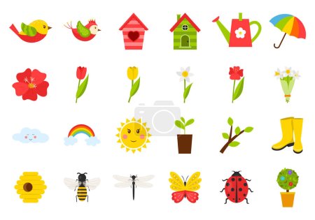 Ilustración de A set of icons on the theme of spring, summer. Insects, birds, tulips, weather, birdhouse. Vector illustrations in a flat cartoon style. Isolated on white. - Imagen libre de derechos