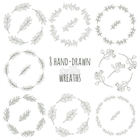 Ilustración de Set of 8 round wreaths of hand-drawn twigs with leaves in doodle style. Botanical, plant elements for creating patterned brushes. Isolated on white. Black and white vector illustration - Imagen libre de derechos