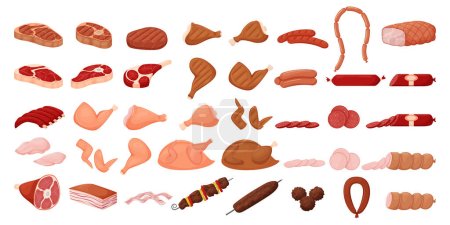 Large meat collection. Sausages, grilled chicken, raw meat, sausage cuts, pork, knuckle, ribs, chicken breast, shish kebab, meatballs. Set in a flat cartoon style. Isolated on white