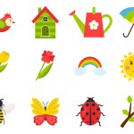 A set of icons on the theme of spring, summer. Insects, birds, tulips, weather, birdhouse.Color vector illustrations in cartoon style. Isolated on a white background.