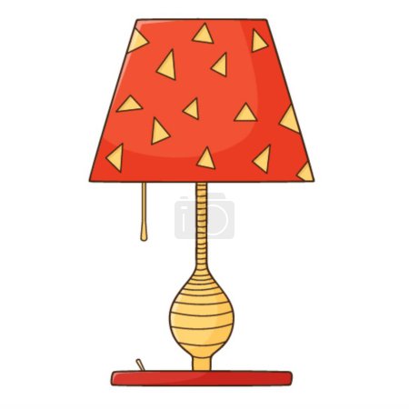 Ilustración de Una lámpara de mesa con un tono rojo. Dispositivo de iluminación eléctrica. Elemento de diseño con contorno. Doodle, dibujado a mano. Diseño plano. Ilustración de vectores de color. Aislado sobre un fondo blanco - Imagen libre de derechos