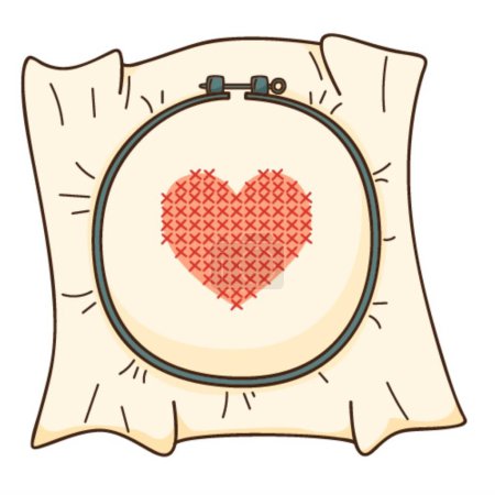 Illustration for Embroidery on the hoop. A red heart embroidered with a cross. Needlework. Design element with outline. Doodle, hand-drawn. Flat design. Color vector illustration. Isolated on a white background - Royalty Free Image