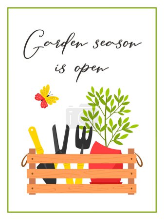 Illustration for A rectangular vertical postcard with a box of garden tools, a pruner, a potted plant and a butterfly. Words - The gardening season is open. Color Vector illustration.Flat style - Royalty Free Image