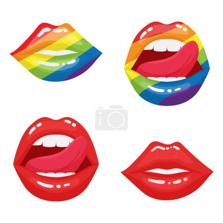 Open mouth. Sexy plump female lips. Tongue stuck out coquettishly. Lip makeup with pride month colors. Decorative element is isolated on a white background. LGBT Pride Month. Vector illustration