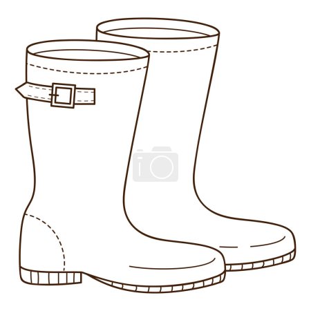 Rubber boots with a strap. Footwear.. Design element with outline. The theme of winter, autumn. Doodle, hand-drawn. Black white vector illustration. Isolated on a white backgroud.