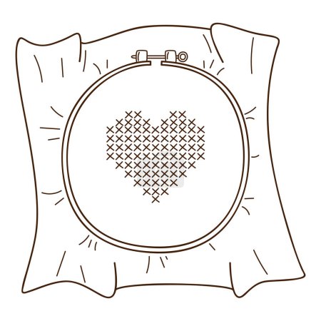 Illustration for Embroidery on the hoop. A heart embroidered with a cross. Needlework. Design element with outline. Doodle, hand-drawn. Black white vector illustration. Isolated on a white background. - Royalty Free Image