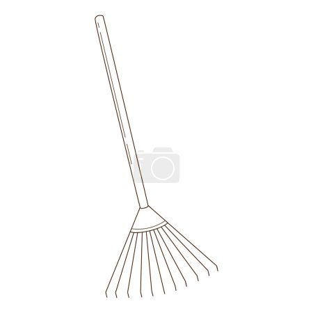 Illustration for Rake for loosening the ground and collecting leaves. Garden tools, a symbol of autumn. Decorative element with an outline. Doodle, hand-drawn. Black white vector illustration. Isolated on white - Royalty Free Image