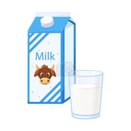 Illustration for A closed paper box with milk with a cow on the label. A clear glass glass with fresh milk. Food, dairy product. Color vector illustration isolated on a white background - Royalty Free Image