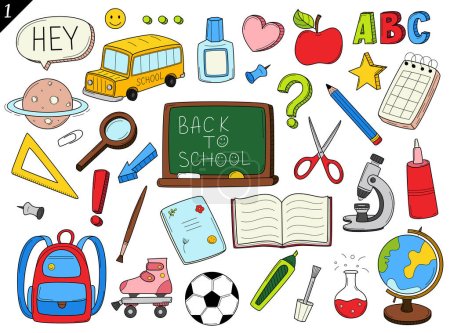 Illustration for Set of doodle outline icons back to school. School items, supplies, stationery, Hand-drawn black and white vector illustration. Design elements are isolated on a white background. - Royalty Free Image