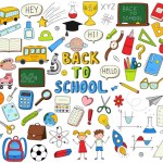 Set of doodle outline icons back to school. School items, supplies, stationery, Hand-drawn black and white vector illustration. Design elements are isolated on a white background.