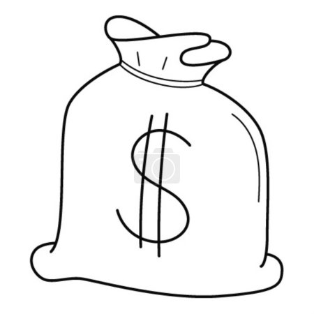Illustration for A closed bag of money with a dollar sign. Bank collection, a symbol of wealth, income, prosperity. Linear icon. Hand-drawn black and white vector illustration. Isolated on a white background - Royalty Free Image
