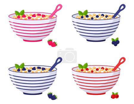 Illustration for A set of bowls of cereal, corn flakes with berries, raspberries, blueberries, cranberries, blackberries. Healthy breakfast, oatmeal porridge. Flat cartoon style, isolated on a white background - Royalty Free Image
