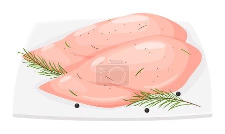 Téléchargez les illustrations : Chicken breast on a plate. Ready-made meat dish with a sprig of rosemary and pepper. Food illustration in a flat cartoon style. Vector. Isolated on white - en licence libre de droit