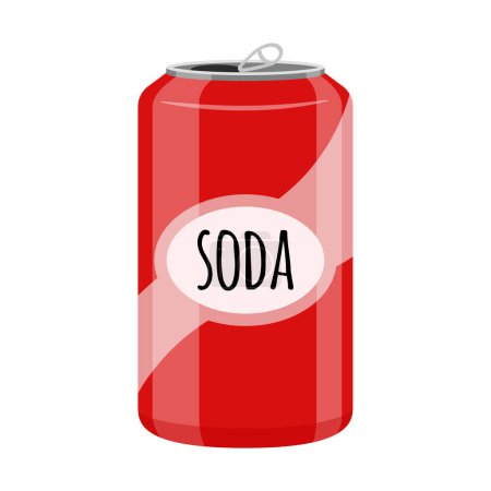 Illustration for An open red soda can. Sweet soda, fast food, drink, harmful to teeth. Flat cartoon style, isolated on a white background.Color vector illustration. - Royalty Free Image