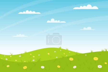 Horizontal summer landscape. A field, glade with whitw and yellow flowers, hills. Clear weather. Color vector illustration. Nature background with empty space for text,