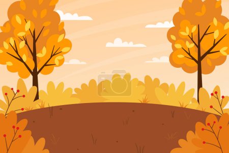 Illustration for Horizontal autumn landscape. Yellow trees with orange leaves, a glade with soil, bushes, forest. Color vector illustration. Nature background with empty space for text. - Royalty Free Image