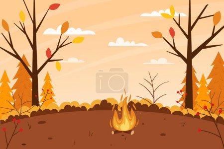 Illustration for Horizontal autumn landscape. The forest, bare trees, a fire burning,picnic area. Color vector illustration. Nature background with empty space for text. - Royalty Free Image
