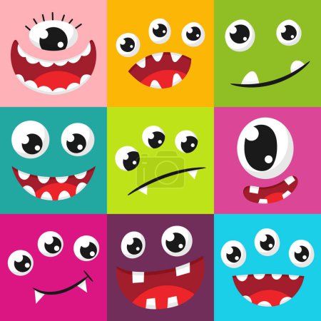 Niedliche Monstergesichter mit Augen, Zähnen. Karikatur, freundlich, lächelnd, ausdrucksstark, witzige Mimik. Farbige, helle, vektorflache Illustration für Kinder auf farbigem Hintergrund