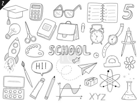 Illustration for Set of doodle outline icons back to school. School items, supplies, stationery, Hand-drawn black and white vector illustration. Design elements are isolated on a white background. - Royalty Free Image