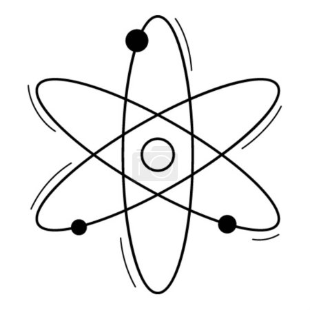 Téléchargez les illustrations : Le symbole de l'atome. Style de contour de caniche. Un signe chimique. Illustration vectorielle noir et blanc dessinée à la main. Les éléments de conception sont isolés sur un fond blanc - en licence libre de droit
