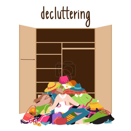 Illustration for A pile of clothes and shoes lying on the floor in front of an empty wardrobe. A mess, a stack of things dumped out of the closet. Clutter,overconsumption. Vector illustration on white background. - Royalty Free Image
