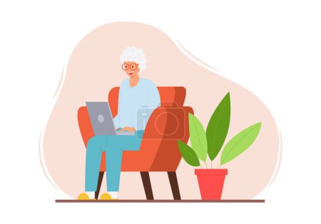 Illustration for A happy elderly woman is sitting in a chair in a home interior with a laptop. A smiling adult modern grandmother with gray hair uses a computer. Color vector illustration on a spot background - Royalty Free Image