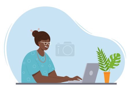 Illustration for A happy elderly woman with gray hair is sitting at a table with a laptop. An adult modern gradma in glasses and beads communicates at the computer. Color vector illustration on a spot background - Royalty Free Image