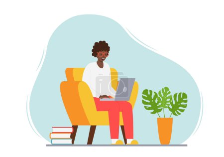 Illustration for A happy adult woman is sitting in a chair in a home interior with a laptop. A smiling adult modern lady with dark skin and hair uses a computer. Color vector illustration on a spot background - Royalty Free Image