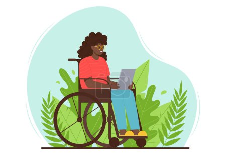 Illustration for A happy adult woman is sitting with a laptop in a wheelchair on a background of leaves. A smiling lady with disabilities uses a computer in the park. Color vector illustration on a spot background - Royalty Free Image